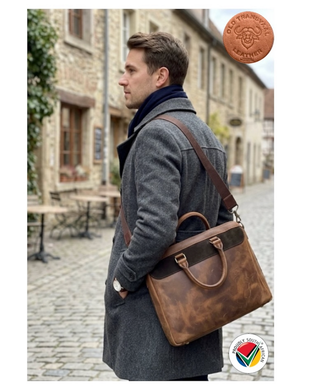 Genuine Old Transvaal Leather Everyday Laptop Crossbody Bag 40cm - Caramel