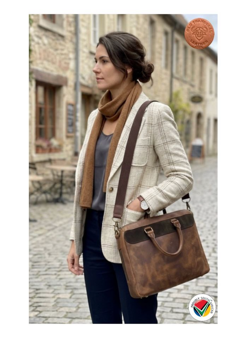 Genuine Old Transvaal Leather Everyday Laptop Crossbody Bag 40cm - Caramel