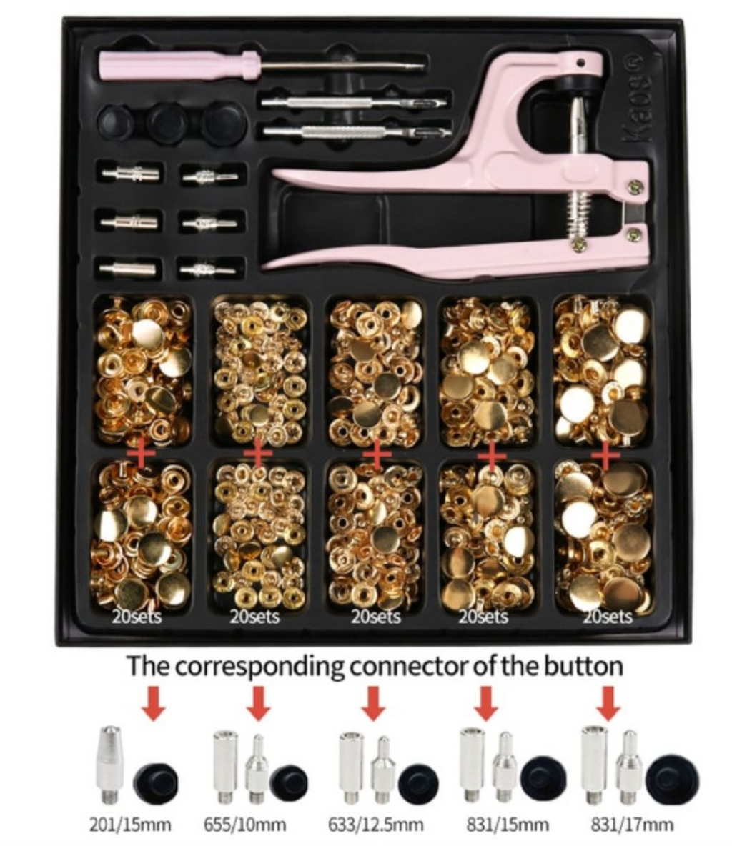 Craft 100 Piece Assorted Metal Button Ring Press Snap Fasteners Jumbo Kit - Gold