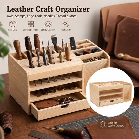 Craft Wooden Leather Craft Tool Organizer Box with Drawer (21cm)