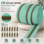 Craft Light Cyan Nylon Bronze Tooth Zipper With Handmade Zipper Pulls- 16Pc
