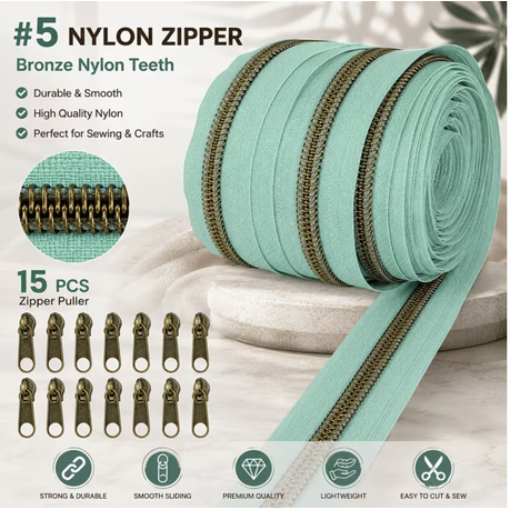 Craft Light Cyan Nylon Bronze Tooth Zipper With Handmade Zipper Pulls- 16Pc