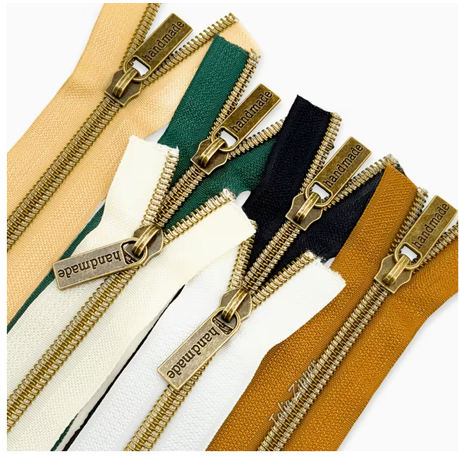 Craft DIY Nylon Bronze Tooth Zipper With Handmade Zipper Pulls - 6 Piece