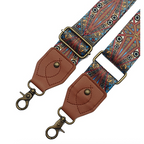 Craft Embroidered Shoulder Bag Straps With Bronze Metal Buckle - 130cm - Brown & Blue