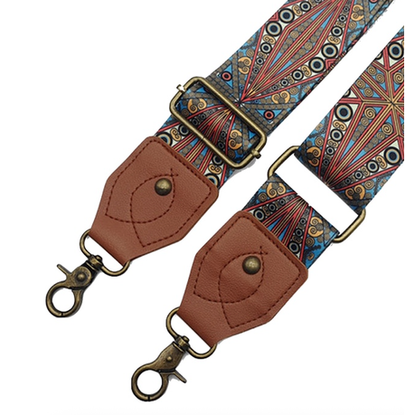 Craft Embroidered Shoulder Bag Straps With Bronze Metal Buckle - 130cm - Brown & Blue