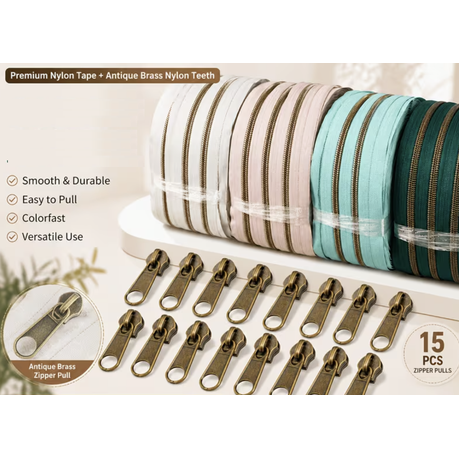 Craft Light Cyan Nylon Bronze Tooth Zipper With Handmade Zipper Pulls- 16Pc