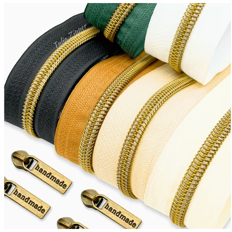 Craft DIY Nylon Bronze Tooth Zipper With Handmade Zipper Pulls - 6 Piece