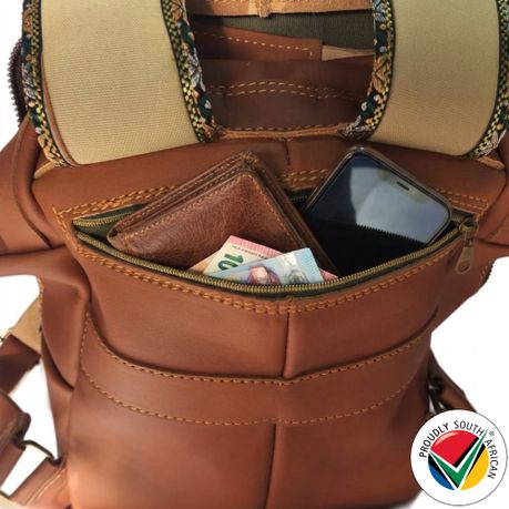 Genuine Leather Camel Backpack Proudly South African (36cm) - 15L