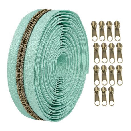 Craft Light Cyan Nylon Bronze Tooth Zipper With Handmade Zipper Pulls- 16Pc