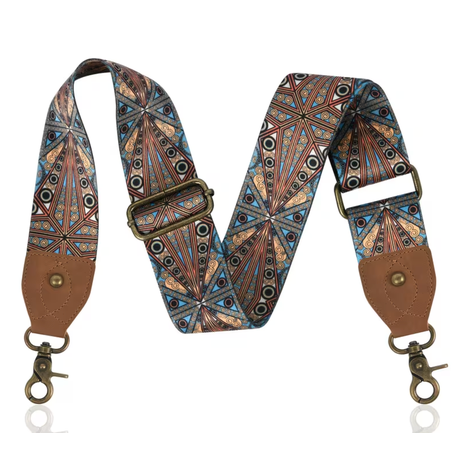 Craft Embroidered Shoulder Bag Straps With Bronze Metal Buckle - 130cm - Brown & Blue