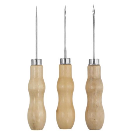 Craft Wooden Handle Metal Awl Needle Hook Punch Set of 3