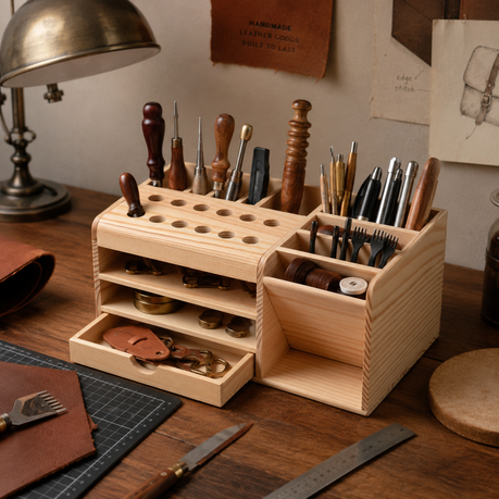 Craft Wooden Leather Craft Tool Organizer Box with Drawer (21cm)