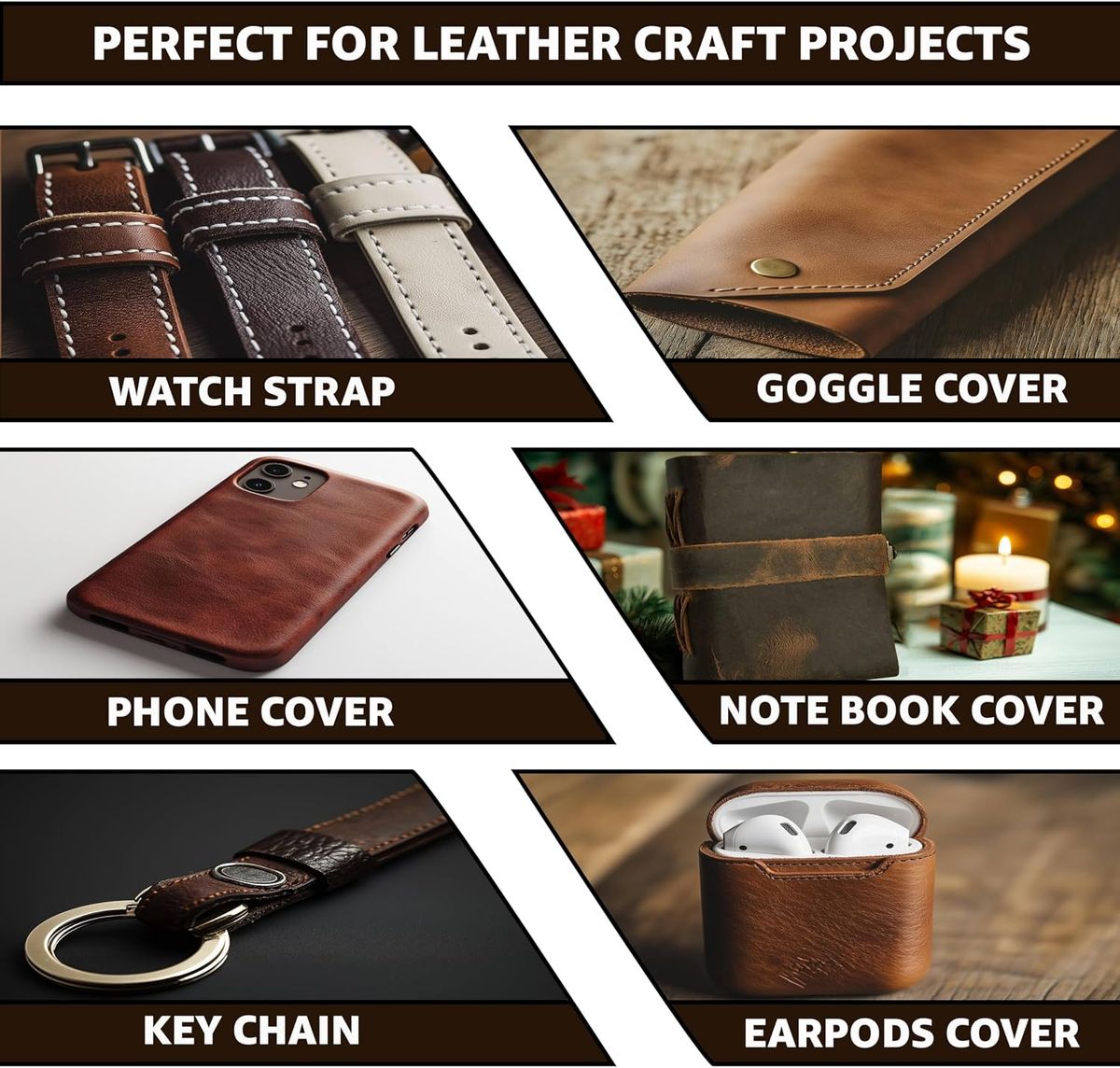 Craft Thick Genuine Cowhide Leather For DIY Projects Set of 5 - 30cm - Black, Dark & Light Brown