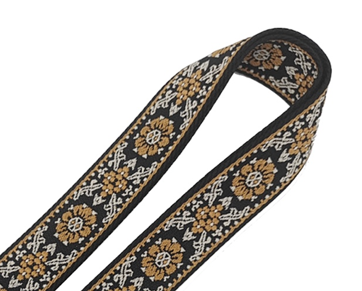 Craft Embroidered Shoulder Bag Straps With Bronze Metal Buckle - 130cm - Black & Brown