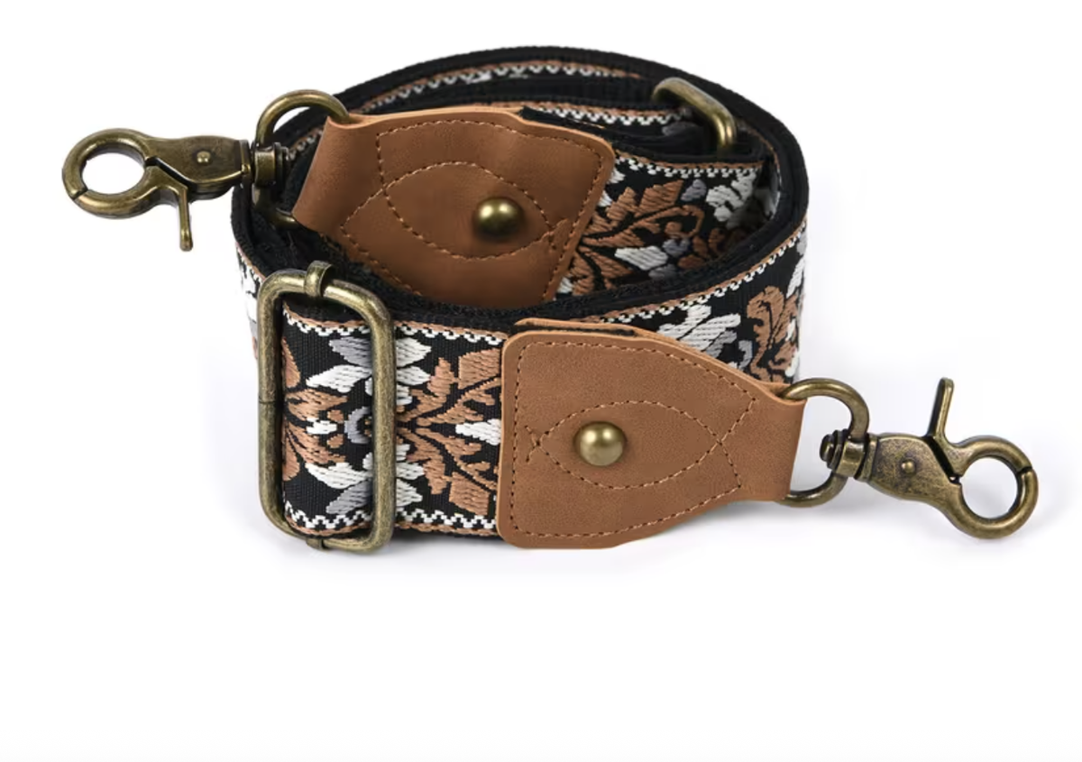 Craft Embroidered Shoulder Bag Straps With Bronze Metal Buckle - 130cm - Black & Brown