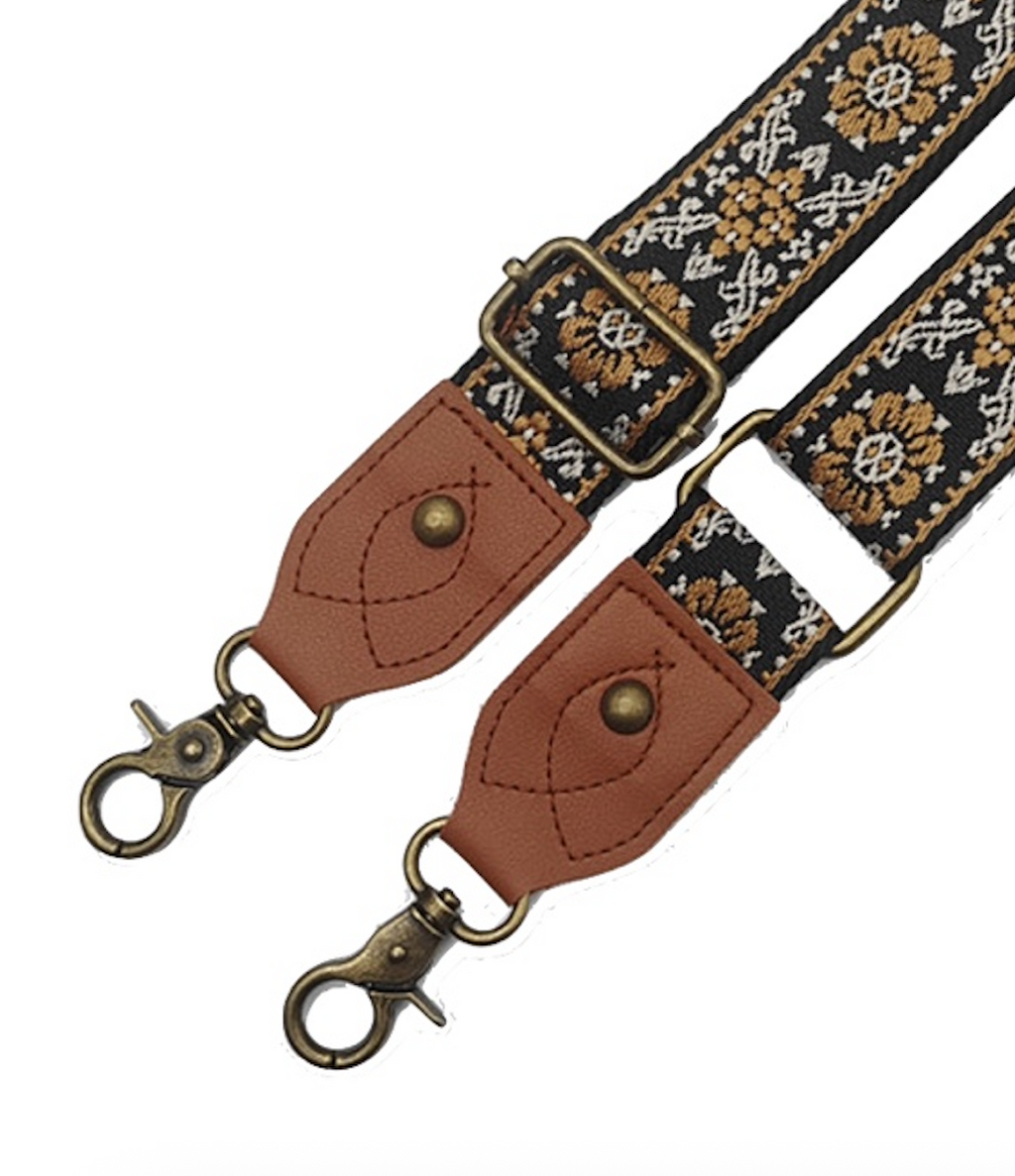 Craft Embroidered Shoulder Bag Straps With Bronze Metal Buckle - 130cm - Black & Brown